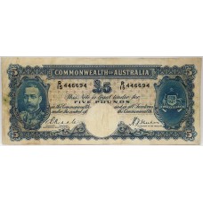 AUSTRALIA 1933 . FIVE POUNDS BANKNOTE . WHITE FACE . VERY SCARCE